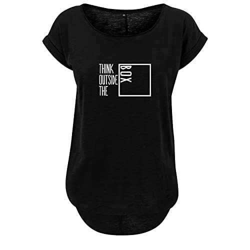 Think Outside The Box Design Damen Long Back Shaped Tshirt lässiges Shirt mit neuem Print Sommer Top L Schwarz (B36-108-L-Schwarz) von DELUNO