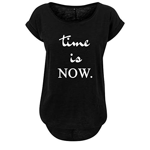 Time is Now Damen Long Back Shaped Tshirt lässiges Shirt mit Print Sommer Top (349 B36 Schwarz L) von DELUNO