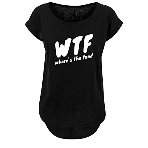 Where´s The Food Ladies Fashion Shirt lang und weit geschnittten Hinterer Schnitt Länger mit Motiv (342 B36 Schwarz XL) von DELUNO