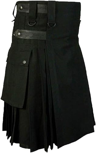 DELURA Schottische Utility-Kilts for Herren, Vintage-Gothic-Faltenröcke, Vintage-Schottische Kendo-Taschen-Schottische Kleidung/260 (Color : Black, Size : X-Large) von DELURA