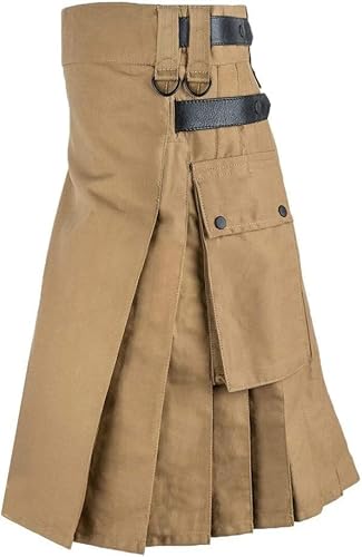 DELURA Schottische Utility-Kilts for Herren, Vintage-Gothic-Faltenröcke, Vintage-Schottische Kendo-Taschen-Schottische Kleidung/260 (Color : Khaki, Size : Small) von DELURA