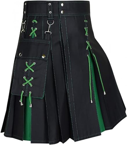 DELURA Schottische Utility-Kilts for Herren, Vintage-Gothic-Faltenröcke, Vintage-Schottische Kendo-Taschen-Schottische Kleidung/260 (Color : X-001-green, Size : 5X-Large) von DELURA