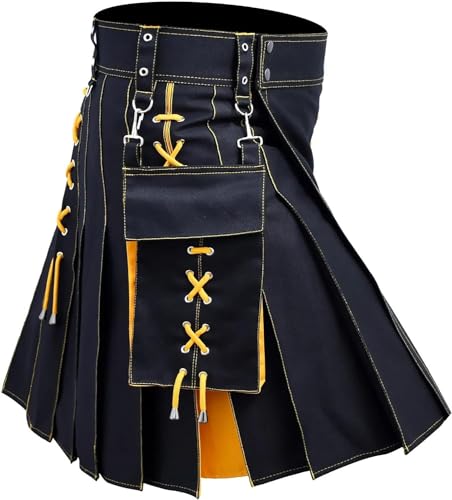 DELURA Schottische Utility-Kilts for Herren, Vintage-Gothic-Faltenröcke, Vintage-Schottische Kendo-Taschen-Schottische Kleidung/260 (Color : X-001-yellow, Size : 3X-Large) von DELURA