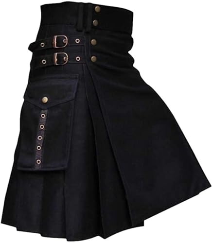 DELURA Schottische Utility-Kilts for Herren, Vintage-Gothic-Faltenröcke, Vintage-Schottische Kendo-Taschen-Schottische Kleidung/260 (Color : X-002-black, Size : Large) von DELURA