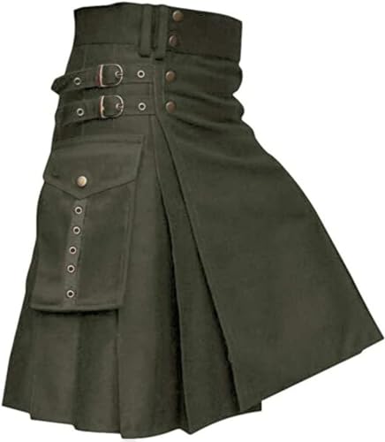 DELURA Schottische Utility-Kilts for Herren, Vintage-Gothic-Faltenröcke, Vintage-Schottische Kendo-Taschen-Schottische Kleidung/260 (Color : X-002-green, Size : Medium) von DELURA