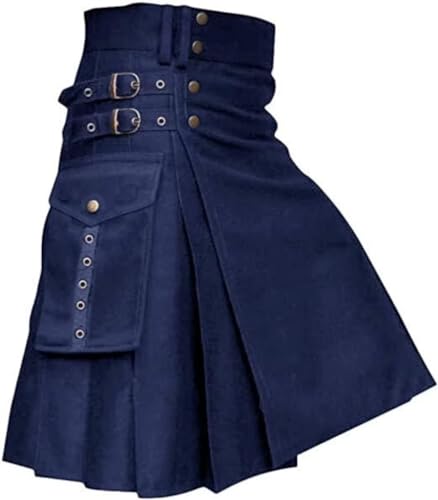 DELURA Schottische Utility-Kilts for Herren, Vintage-Gothic-Faltenröcke, Vintage-Schottische Kendo-Taschen-Schottische Kleidung/260 (Color : X-002-navy, Size : X-Large) von DELURA