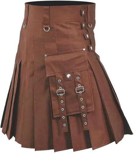 DELURA Schottische Utility-Kilts for Herren, Vintage-Gothic-Faltenröcke, Vintage-Schottische Kendo-Taschen-Schottische Kleidung/260 (Color : X-003-brown, Size : Large) von DELURA