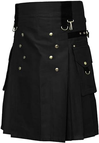 DELURA Schottische Utility-Kilts for Herren, Vintage-Gothic-Faltenröcke, Vintage-Schottische Kendo-Taschen-Schottische Kleidung/260 (Color : Zz-Black, Size : X-Large) von DELURA