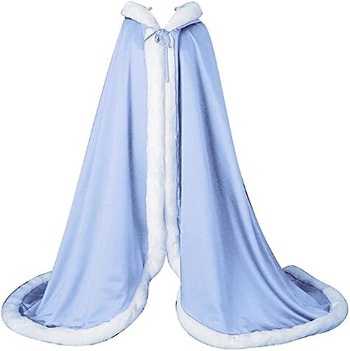 Hochzeitsumhang for Damen, Brautumhang, Pelzbesatz, Kapuzenumhang for die Braut, Poncho in voller Länge/401 (Color : Sky Blue, Size : Large) von DELURA