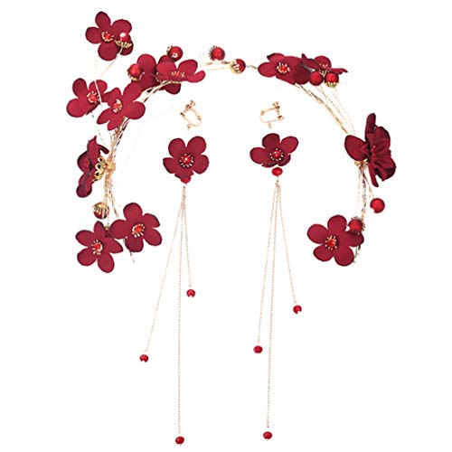 Perlen-Ohrringe, 1 Set, Haarschmuck, schöne Hochzeit, rote Blume, Kopfbedeckung, Ohrringe, Stirnband, Haarband for Mädchen und Frauen, Braut-Haarranke von DELURA