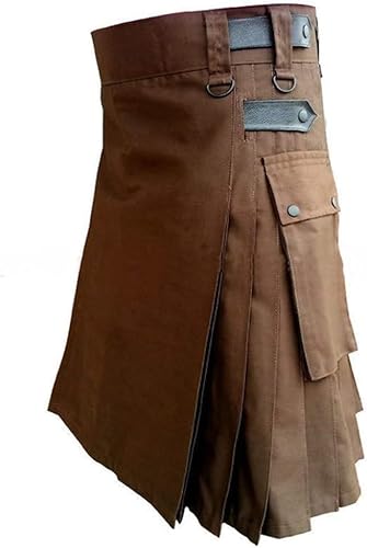 Schottische Utility-Kilts for Herren, Vintage-Gothic-Faltenröcke, Vintage-Schottische Kendo-Taschen-Schottische Kleidung/260 (Color : Brown, Size : 3X-Large) von DELURA