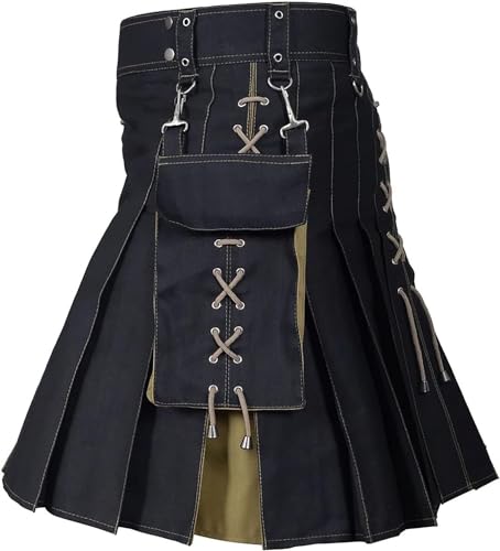 Schottische Utility-Kilts for Herren, Vintage-Gothic-Faltenröcke, Vintage-Schottische Kendo-Taschen-Schottische Kleidung/260 (Color : X-001-khaki, Size : 3X-Large) von DELURA