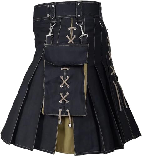 Schottische Utility-Kilts for Herren, Vintage-Gothic-Faltenröcke, Vintage-Schottische Kendo-Taschen-Schottische Kleidung/260 (Color : X-001-khaki, Size : Medium) von DELURA