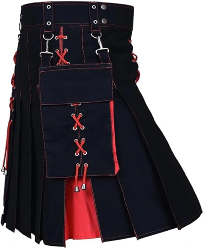 Schottische Utility-Kilts for Herren, Vintage-Gothic-Faltenröcke, Vintage-Schottische Kendo-Taschen-Schottische Kleidung/260 (Color : X-001-red, Size : Medium) von DELURA