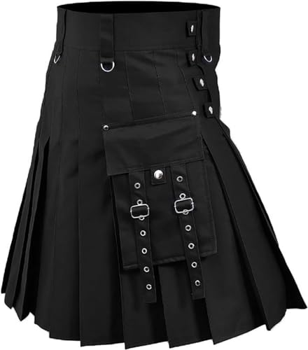 Schottische Utility-Kilts for Herren, Vintage-Gothic-Faltenröcke, Vintage-Schottische Kendo-Taschen-Schottische Kleidung/260 (Color : X-003-black, Size : Medium) von DELURA