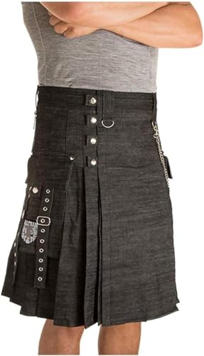 Schottische Utility-Kilts for Herren, Vintage-Gothic-Faltenröcke, Vintage-Schottische Kendo-Taschen-Schottische Kleidung/260 (Color : Zzz-black, Size : Small) von DELURA