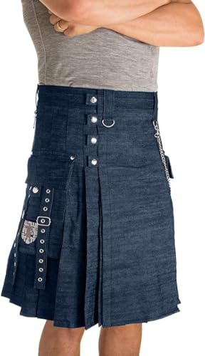 Schottische Utility-Kilts for Herren, Vintage-Gothic-Faltenröcke, Vintage-Schottische Kendo-Taschen-Schottische Kleidung/260 (Color : Zzz-blue, Size : 4X-Large) von DELURA