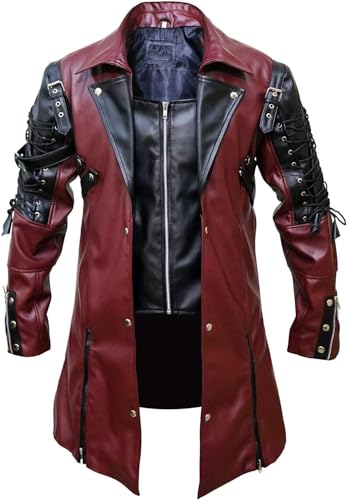 Steampunk Gothic Herren Kunstlederjacke in Kastanienbraun und Schwarz, XXS - 3XL/167 (Color : Maroon+Black, Size : 3X-Large) von DELURA