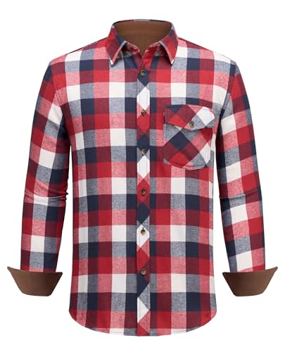 DEMEANOR Herren Flanellhemd Langarm Kariert Baumwolle Hemd mit Brusttasche Weiß/Grau/Rot XL Winter Casual von DEMEANOR