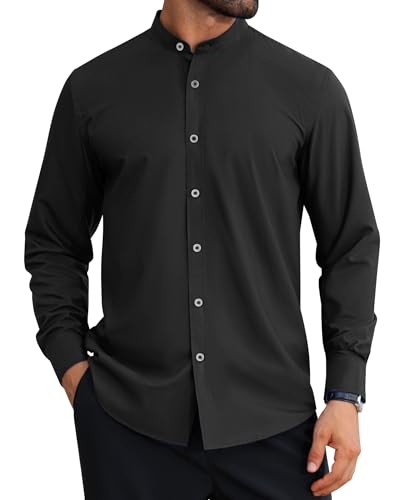 DEMEANOR Stehkragen Hemd Herren Langarm knitterfrei Ohne Kragen Hemden Baumwolle Business Freizeithemden von DEMEANOR