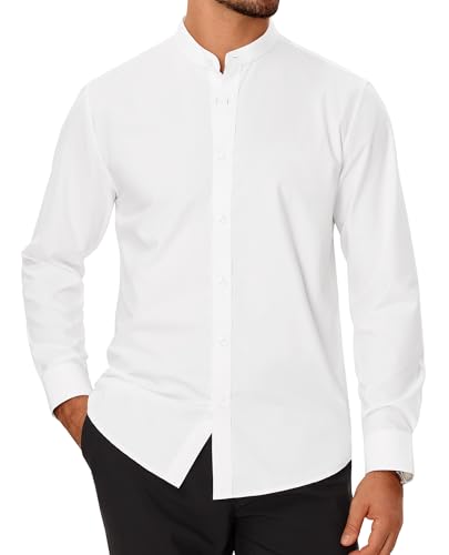 DEMEANOR Stehkragen Hemd Herren Langarm knitterfrei Ohne Kragen Hemden Baumwolle Business Freizeithemden von DEMEANOR