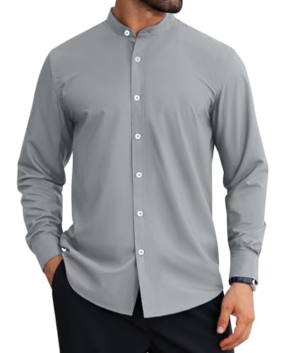 DEMEANOR Stehkragen Hemd Herren Langarm knitterfrei Ohne Kragen Hemden Baumwolle Business Freizeithemden von DEMEANOR