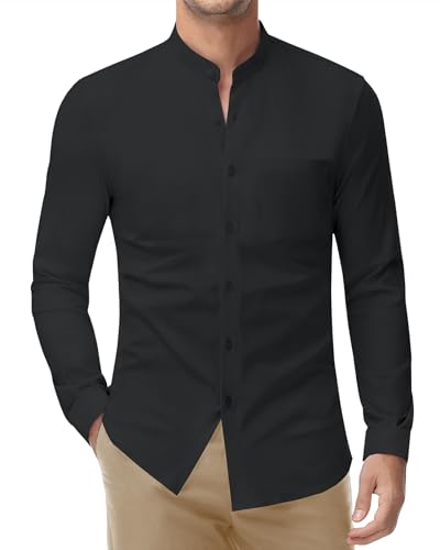 DEMEANOR Stretch Hemd Ohne Kragen Herren Langarm Stehkragen Business Hemden Slim Fit Freizeithemd Standhemd von DEMEANOR