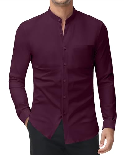 DEMEANOR Stretch Hemd Ohne Kragen Herren Langarm Stehkragen Business Hemden Slim Fit Freizeithemd Standhemd von DEMEANOR