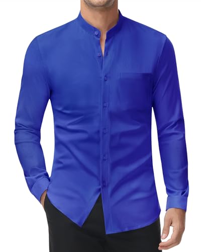 DEMEANOR Stretch Hemd Ohne Kragen Herren Langarm Stehkragen Business Hemden Slim Fit Freizeithemd Standhemd von DEMEANOR