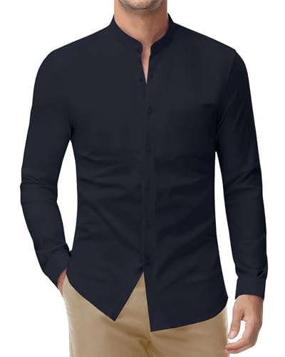 DEMEANOR Stretch Hemd Ohne Kragen Herren Langarm Stehkragen Business Hemden Slim Fit Freizeithemd Standhemd von DEMEANOR