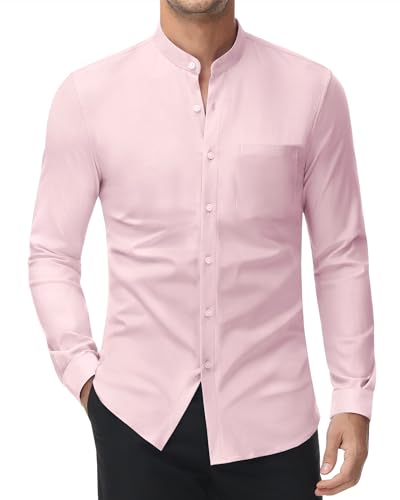 DEMEANOR Stretch Hemd Ohne Kragen Herren Langarm Stehkragen Business Hemden Slim Fit Freizeithemd Standhemd von DEMEANOR