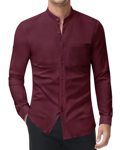 DEMEANOR Stretch Hemd Ohne Kragen Herren Langarm Stehkragen Business Hemden Slim Fit Freizeithemd Standhemd von DEMEANOR