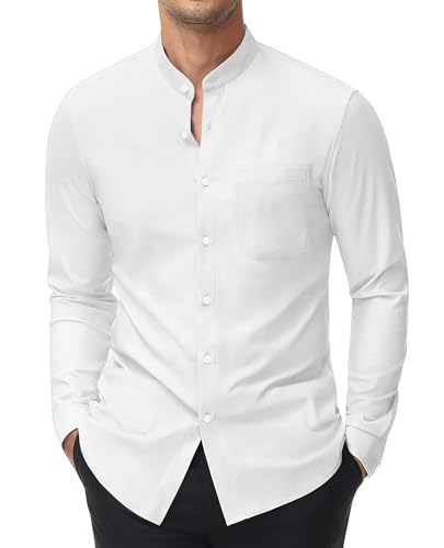 DEMEANOR Stretch Hemd Ohne Kragen Herren Langarm Stehkragen Business Hemden Slim Fit Freizeithemd Standhemd von DEMEANOR