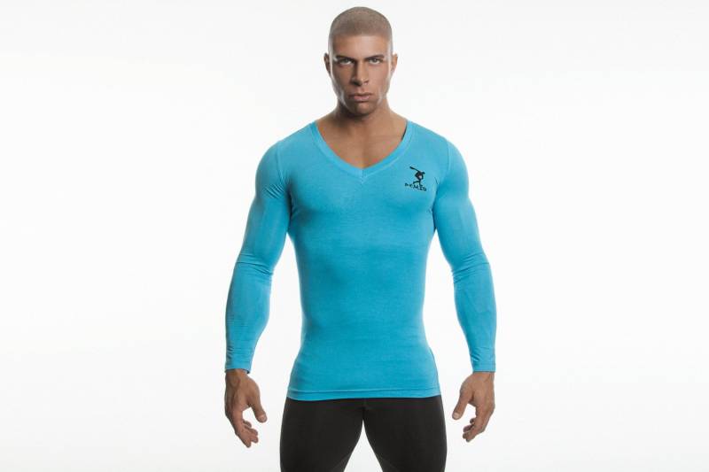 Demig Herren Langarmshirt V-Ausschnitt Kompression Baselayer Bambusgewebe - Türkis/Blau von DEMIGWEAR