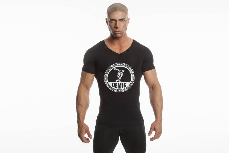 Demig Herren Schwarz Tiefer V-Ausschnitt T-Shirt Kompression Baselayer Bambusgewebe von DEMIGWEAR