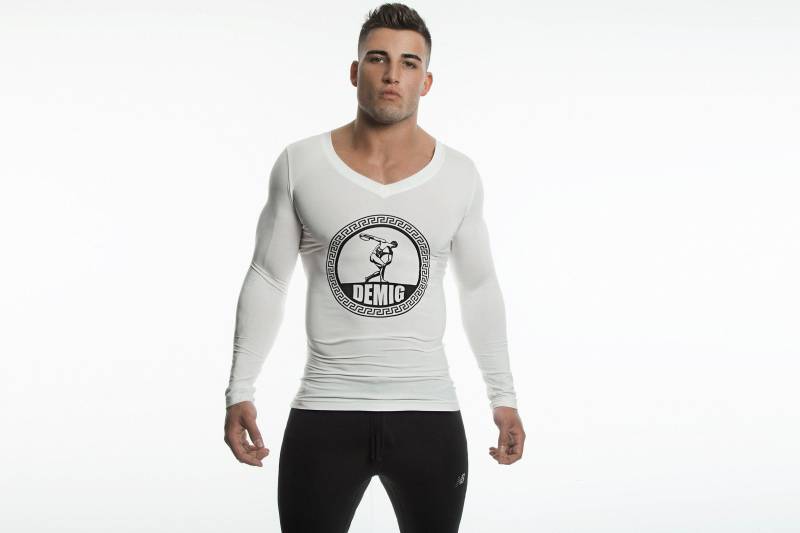 Demig Weißes Herren-Langarmshirt Mit V-Ausschnitt, Kompressionsbasis Aus Bambusgewebe von DEMIGWEAR