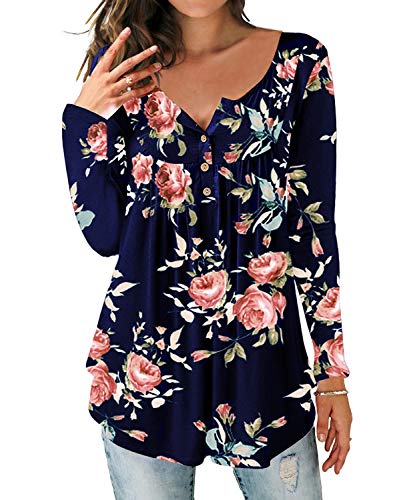 DEMO SHOW Damen Tunika Top Locker Langarm V Ausschnitt Knopfleiste Plissiert Floral Henley Shirt Bluse T Shirt (Dunkelblau, 2XL) von DEMO SHOW