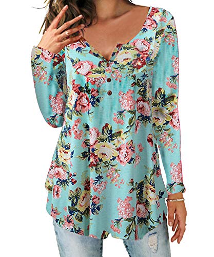 DEMO SHOW Damen Tunika Top Locker Langarm V Ausschnitt Knopfleiste Plissiert Floral Henley Shirt Bluse T Shirt (Hellblau, 2XL) von DEMO SHOW