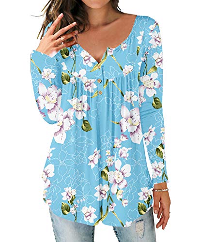 DEMO SHOW Damen Tunika Top Locker Langarm V Ausschnitt Knopfleiste Plissiert Floral Henley Shirt Bluse T Shirt (Langarm-Blau, 2XL) von DEMO SHOW