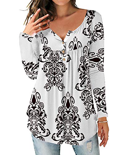 DEMO SHOW Damen Tunika Top Locker Langarm V Ausschnitt Knopfleiste Plissiert Floral Henley Shirt Bluse T Shirt (Langarm-Weiß, L) von DEMO SHOW