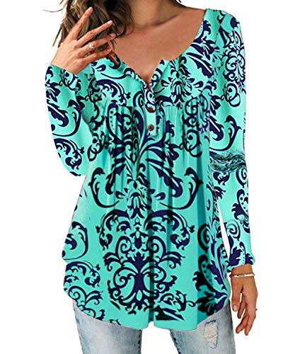 DEMO SHOW Damen Tunika Top Locker Langarm V Ausschnitt Knopfleiste Plissiert Floral Henley Shirt Bluse T Shirt (Mintgrün, 2XL) von DEMO SHOW