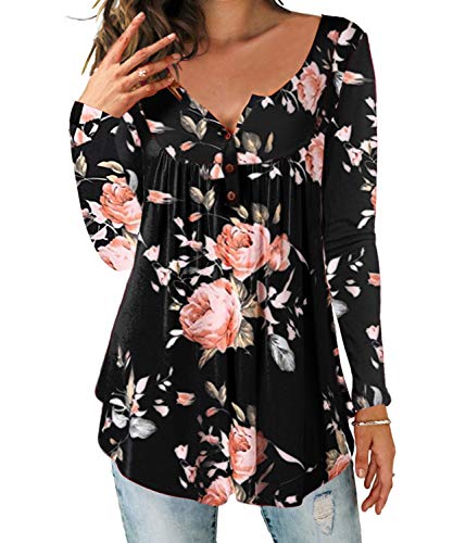 DEMO SHOW Damen Tunika Top Locker Langarm V Ausschnitt Knopfleiste Plissiert Floral Henley Shirt Bluse T Shirt, XXL, Schwarz von DEMO SHOW