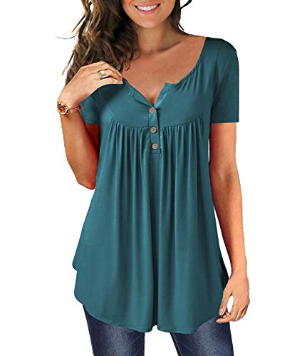 DEMO Tunika Damen Blumen Tops V Ausschnitt Kurzarm Knopfleiste Plissiert Bluse T Shirt Oberteil (Kurz-Blau, 2XL) von DEMO