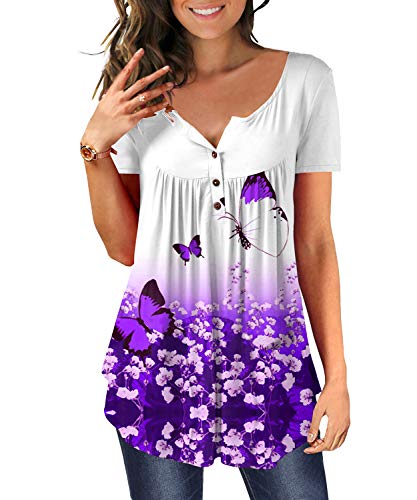 DEMO Tunika Damen Blumen Tops V Ausschnitt Kurzarm Knopfleiste Plissiert Bluse T Shirt Oberteil (Kurz-Lila Schmetterling, 2XL) von DEMO