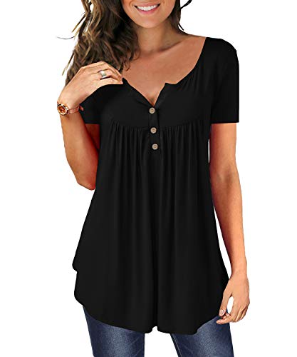 DEMO Tunika Damen Blumen Tops V Ausschnitt Kurzarm Knopfleiste Plissiert Bluse T Shirt Oberteil (Kurz-Schwarz, XL) von DEMO