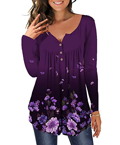 DEMO Tunika Damen Blumen Tops Langarm Henley V Ausschnitt Knopfleiste Plissiert Bluse T Shirt Oberteil (Lila, 2XL) von DEMO