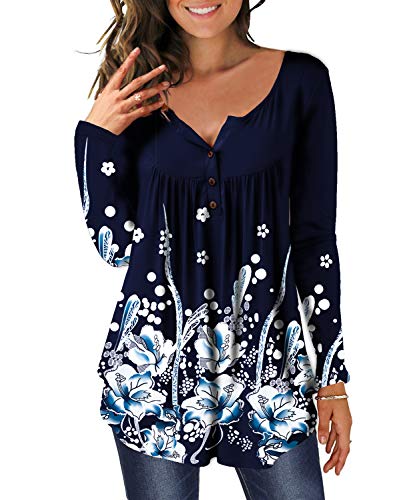 DEMO Tunika Damen Blumen Tops Langarm Henley V Ausschnitt Knopfleiste Plissiert Bluse T Shirt Oberteil (Navy Blau, 2XL) von DEMO