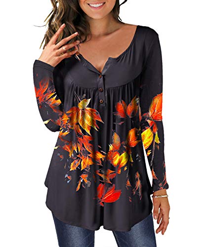 DEMO Tunika Damen Blumen Tops Langarm Henley V Ausschnitt Knopfleiste Plissiert Bluse T Shirt Oberteil (Schwarz + Ahornblatt, 2XL) von DEMO