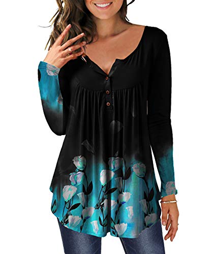 DEMO Tunika Damen Blumen Tops Langarm Henley V Ausschnitt Knopfleiste Plissiert Bluse T Shirt Oberteil (Schwarz + Floral Blau, L) von DEMO