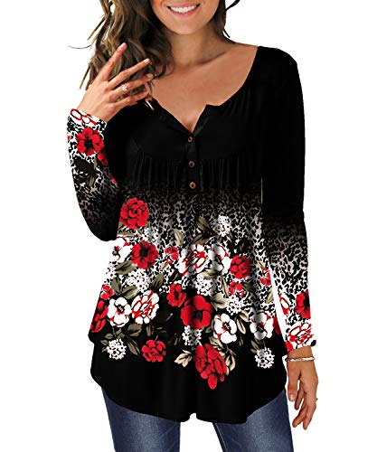 DEMO Tunika Damen Blumen Tops Langarm Henley V Ausschnitt Knopfleiste Plissiert Bluse T Shirt Oberteil (Schwarz + Floral Rot, L) von DEMO